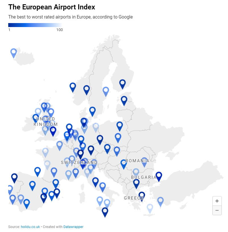 Evropska letiste dle Google hodnoceni mapa